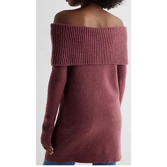 Express Ribbed Off The Shoulder Overlay Oversized Tunic Sweater Wine Red Size XL - Picture 2 of 8